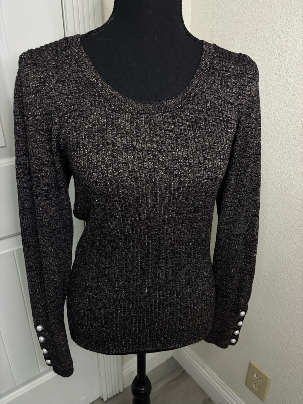 LOFT Black Metallic Ribbed Scoop Neck Sweater with Pearl Cuff Buttons
